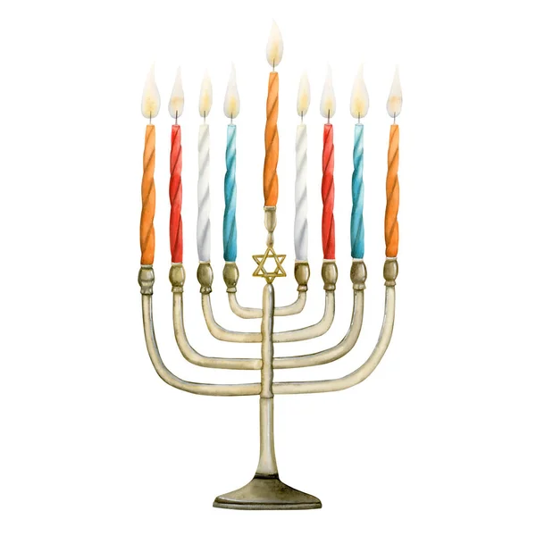 Acuarela Hanukkah Menorah Con Velas Ilustración Para Tarjetas Felicitación Janukkah —  Fotos de Stock