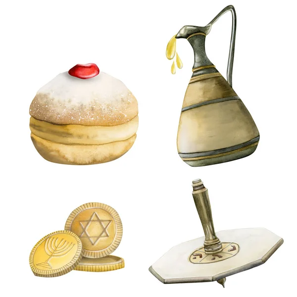 Tradicional Hanukkah Símbolos Elementos Establecidos Ilustración Acuarela Dibujada Mano Aislada —  Fotos de Stock