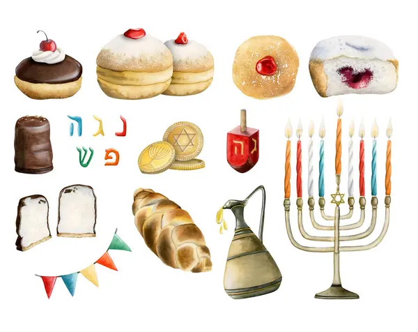 Hanukkah Σύνολο Εικονογράφηση Ακουαρέλα Χειροποίητο Και Απομονωμένο Λευκό Φόντο Εβραϊκά — Φωτογραφία Αρχείου
