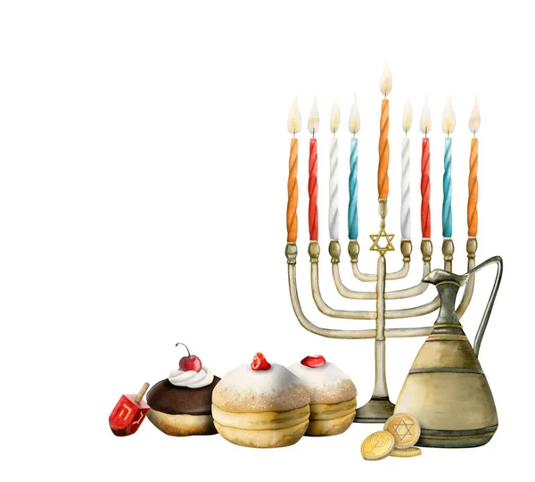 Handritad Akvarell Hanukkah Banner Design Med Menorah Med Ljus Dreidel — Stockfoto