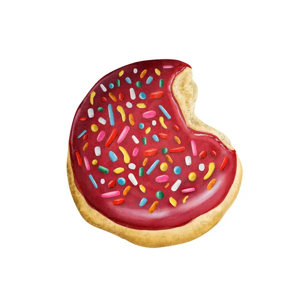 Aquarell Rot Glasierter Donut Mit Bunten Streuseln Handgezeichnete Realistische Illustration — Stockfoto