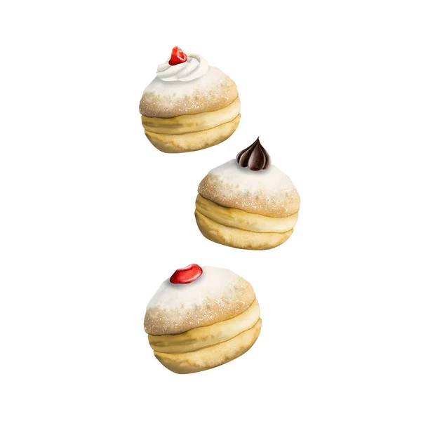 Tre Hanukkah Donuts Med Sylt Och Choklad Som Vit Bakgrund — Stockfoto