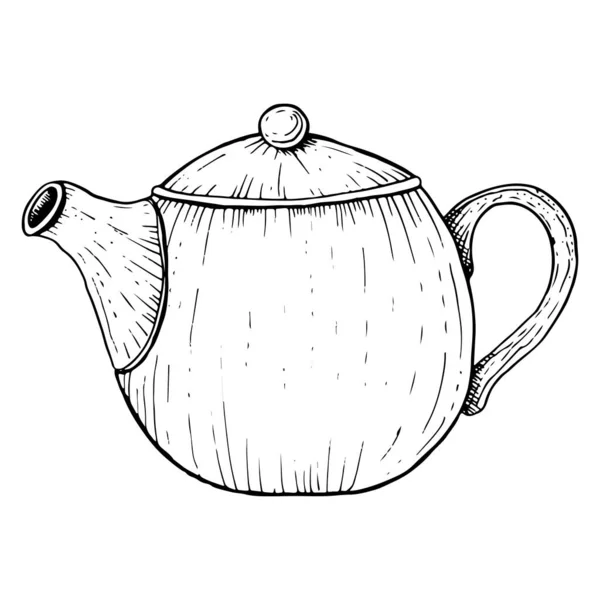 Vector Teekanne Einfache Schwarz Weiß Illustration Grafische Handgezeichnete Skizze Umrissstil — Stockvektor