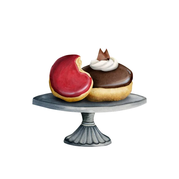 Donuts Mit Schokolade Und Erdbeerglasur Auf Kuchenständer Isoliert Auf Weißem — Stockfoto