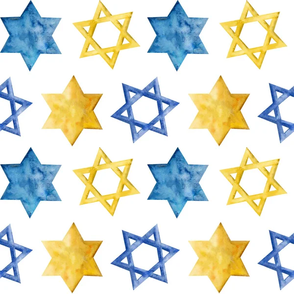 Star David Watercolor Seamless Pattern Hanukkah Other Jewish Holidays Blue — Stock Photo, Image