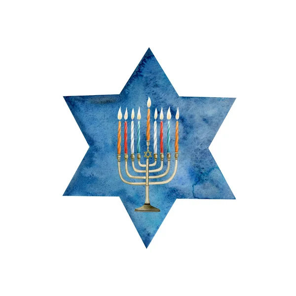 Acuarela Hanukkah Ilustración Con Símbolos Navideños Menorá Con Velas Multicolores —  Fotos de Stock