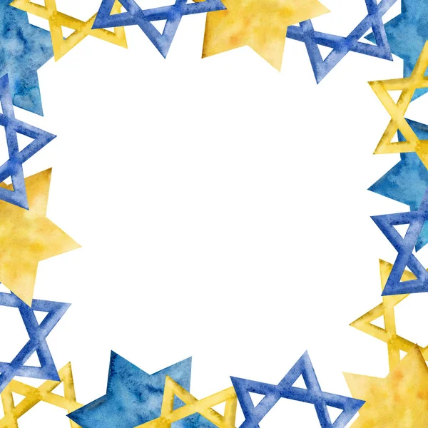 Kwadratowy Wzór Ramki Tradycyjnymi Gwiazdami Chanuki Dawida Niebiesko Żółtym Złocie — Zdjęcie stockowe
