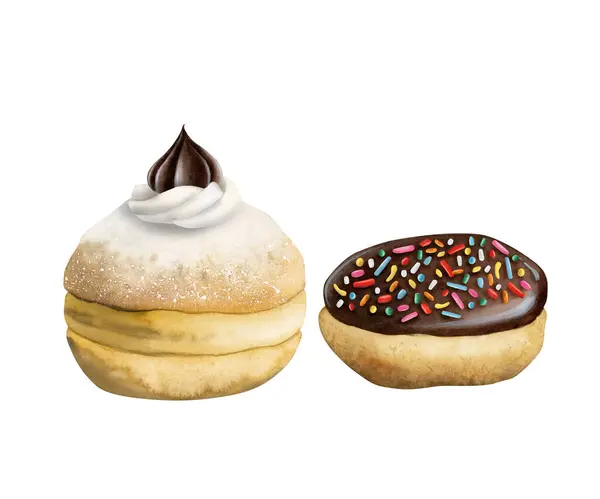 Zwei Aquarell Donuts Mit Schokolade Und Streusel Isoliert Auf Weißem — Stockfoto