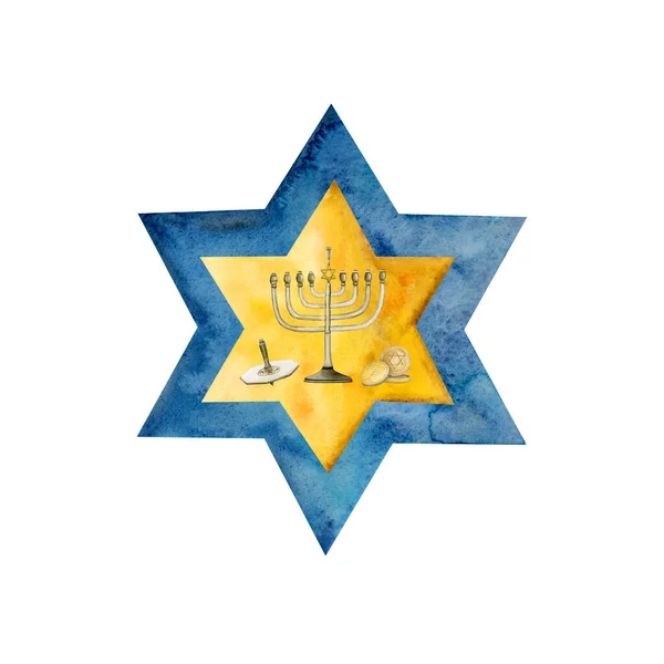 水彩画Hanukkah用假日的符号 Menorah Dreidel 蓝色和金色的大卫星星上的硬币 — 图库照片