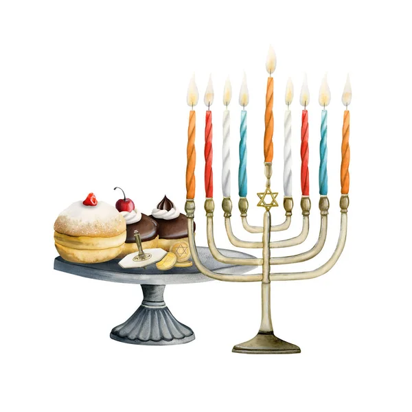 Festa Ebraica Simboli Hanukkah Con Menorah Candele Dreidel Ciambelle Tradizionali — Foto Stock