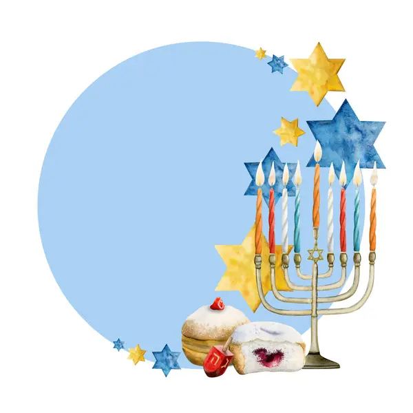 Jewish holiday Hanukkah round frame design with menorah, dreidel, traditional donuts and stars of David for Hanuka greeting card template in blue, yellow and red colors