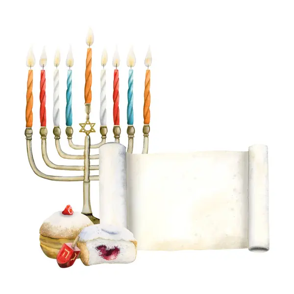 Bayram Menorah Tebrik Kartı Şablonunda Hanukkiah Geleneksel Çörekler Beyaz Arka — Stok fotoğraf