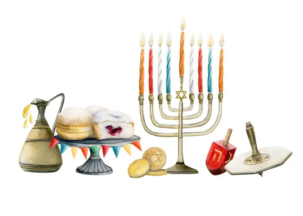 Yahudi Bayramı Hanuka Sembolleri Suluboya Çizimleri Beyaza Izole Edilmiş Yapımı — Stok fotoğraf
