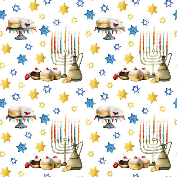 ハヌカのシームレスなパターン ユダヤ人の休日のシンボル メノラ ろうそく ジャグ ドーナツ オイルとダビデの星 白い背景に — ストック写真