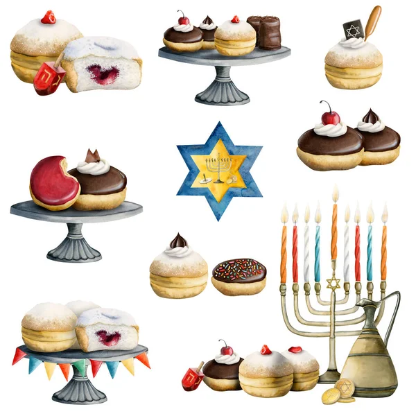 Hanukkah Watercolor Set Colorful Hand Drawn Symbols Menorah Donuts Dreidel — Stock Photo, Image