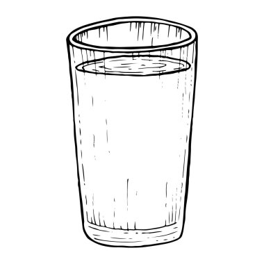 Basit çizim tarzında vektör bardak su, meyve suyu veya süt siyah ve beyaz grafik çizimi.