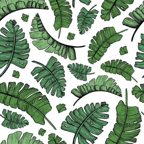 Vektorgrüne Tropische Palmenblätter Mit Nahtlosem Muster Und Dschungelpflanzen Handgezeichnete Exotische — Stockvektor