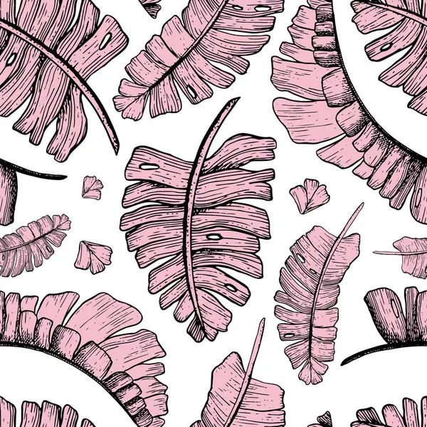 ピンクの熱帯のヤシはジャングル植物とベクターの継ぎ目が無いパターンを残します モンステラプリント ラッピング 布または壁紙のための手描きのエキゾチックな性質 — ストックベクタ