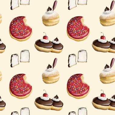 Açık bej arka planda dikişsiz donut ve şekerli tatlı suluboya deseni. El yapımı çikolata, kırmızı, beyaz jöleli çörekler mutfak, tekstil, mezbaha, kafe.
