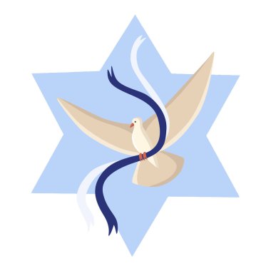 Vector flying dove of peace with blue ribbons bringing peace and support to Israel with star of David illustration. Stand with Israel. clipart