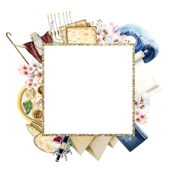 Square Passover frame with Jewish holiday symbols watercolor illustration isolated on white background. Matzah bread, Moses, seder plate, spring flowers and menorah.