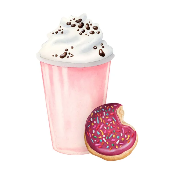 Erdbeer Milchshake Mit Schlagsahne Schokoladenchips Und Rot Glasiertem Donut Mit — Stockfoto