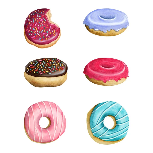 Glasierte Donuts Verschiedenen Farben Aquarell Illustration Set Isoliert Auf Weißem — Stockfoto