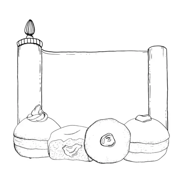 Donuts Tradicionais Hanukkah Com Torah Scroll Vetor Ilustração Preto Branco — Vetor de Stock