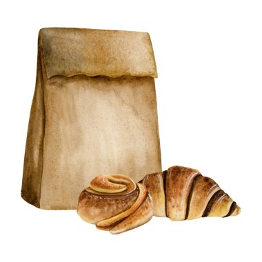 Çikolatalı kruvasan, tarçınlı çörek ve kağıt çantalı suluboya resim kahvaltı ve kahve molası için beyaz arka planda izole edilmiş..