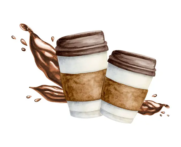 Takeaway coffee cups with splashes and drops watercolor illustration isolated on white background for bakery and cafe flyers and manus.