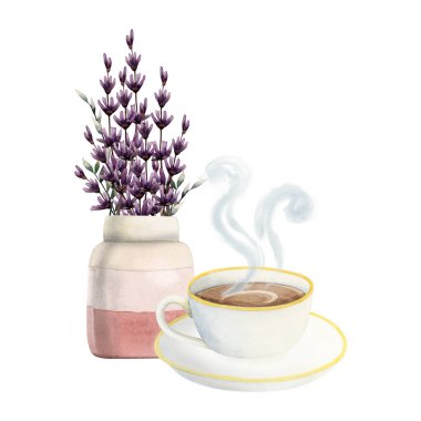 Sıcak kapuçinolu lavanta kahve fincanı buharlı ve vazo suluboya resimli. Kafe menüleri, logolar ve aroma izleri için beyaz arka planda izole edilmiş..