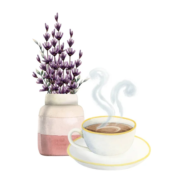 Lavender coffee cup with hot cappuccino with steam and vase with bouquet watercolor illustration isolated on white background for cafe menus, logos, and aroma prints.