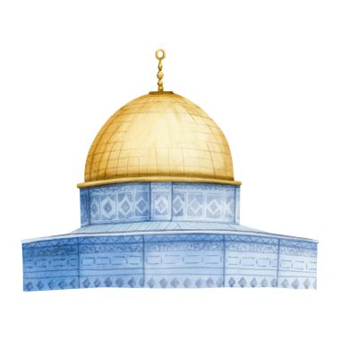 Rock Müslüman Camii 'nin Kudüs Kubbesi suluboya resmi beyaz arka planda izole edilmiştir. İsrail 'deki Tapınak Tepesi' ndeki El Aksa yerleşkesinde altın ve mavi binalı Sakhra olarak Qubbat.