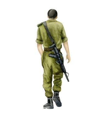 Israeli soldier of IDF with M16 assault rifle, walking view from the back watercolor illustration isolated on white for patriotic holidays, memorial days, Holocaust Remembrance and Independence Day. clipart