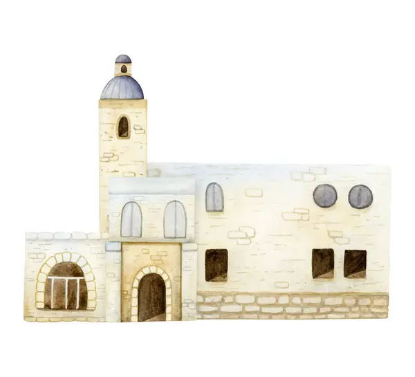 耶路撒冷的旧城房屋或古老的阿拉伯乡村水彩画 用白色隔开 东方风貌 有古塔和住宅 地中海罗马尼亚欧洲古代建筑 — 图库照片