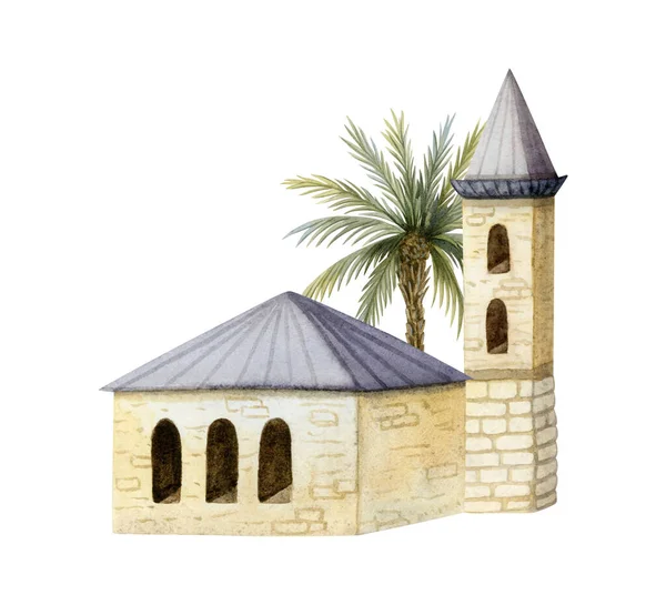 Gamla Arabiska Hus Med Palm Träd Akvarell Illustration Isolerad Vitt — Stockfoto