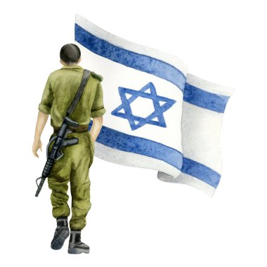 Beyaz arkaplan illüstrasyonuna izole edilmiş, suluboya resimli İsrail askeri. Yahudi Anma Günü, Yom Hazikaron ve HaShoah.