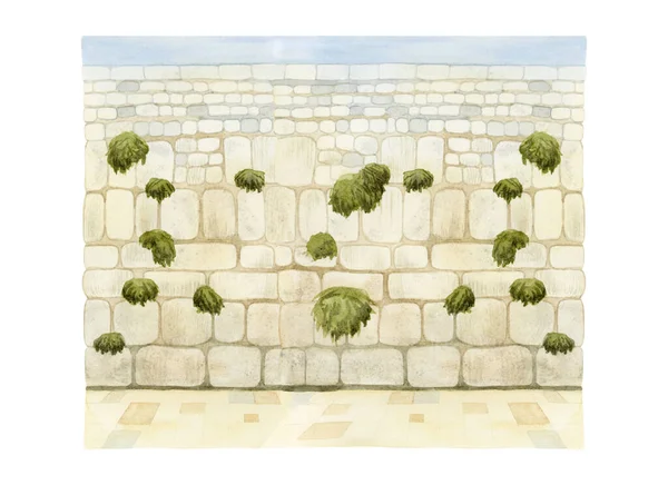 Vista Parede Ocidental Judaica Cidade Velha Jerusalém Ilustração Aquarela Isolada — Fotografia de Stock