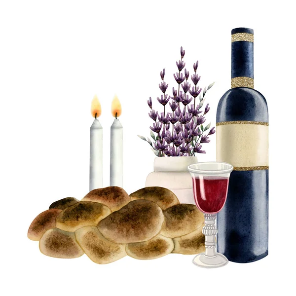 2つの燃えるろうそく ラベンダーの花の花束および赤ワインのガラスおよびびびびんの土曜日のイブのお祝いのための隔離された水彩のイラストが付いているユダヤ人の信仰Shabbatシーン — ストック写真