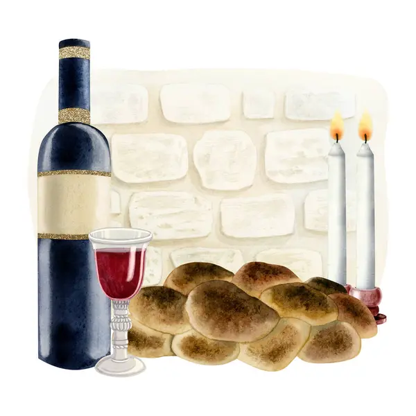 Shabbat scene on Jerusalem Western wall background with two burning candles, challah,red wine glass and bottle isolated watercolor illustration for Saturday eve celebration.