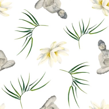 Buda, nilüfer çiçekleri bambu dallarıyla suluboya beyazı desen. Kumaş, tekstil ve ambalaj kağıdı basımı için el çizimi Budizm kültürü geçmişi.