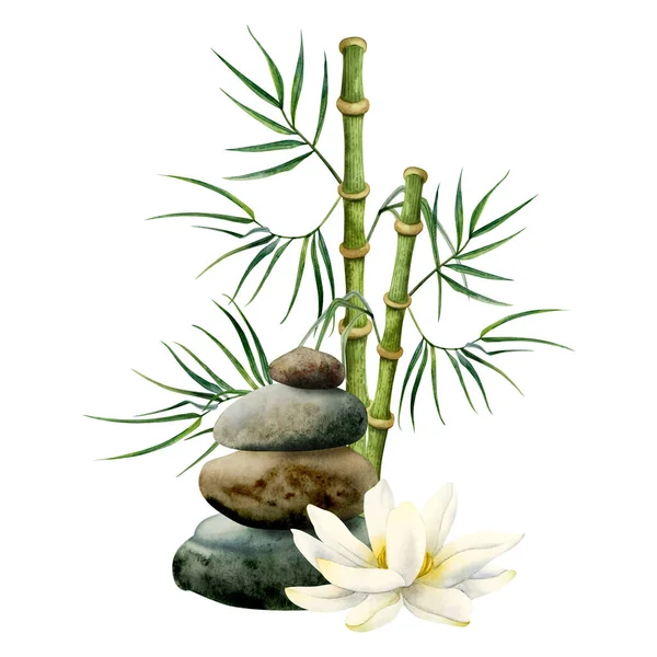 White Lotus flower with bamboo and balanced stones pyramid watercolor isolated illustration for yoga, spa centers, Asian nature cosmetics and health care.