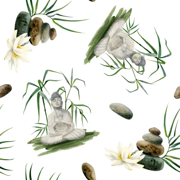 Buddha sitting in bamboo, lotus flowers and balanced stones watercolor seamless pattern on white. Hand drawn Buddhism culture background for fabrics, textiles and wrapping paper.