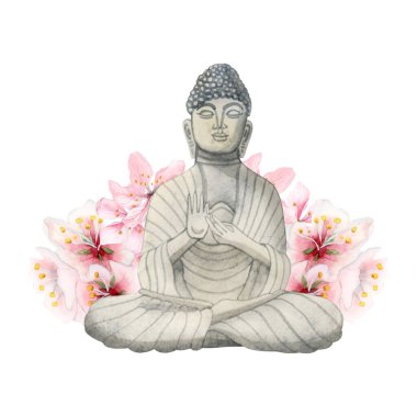 Beyaz arka planda izole edilmiş pembe bahar sakura çiçekleri suluboya resimli Buda taş heykelciği. Yoga ve Budizm inancı için meditasyon unsuru.