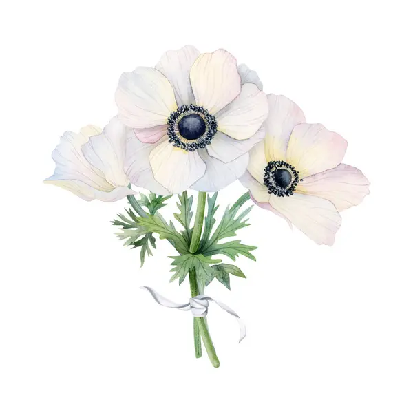 White flowers bouquet with field anemone poppies and ribbon watercolor illustration isolated on white background for greeting cards, spring wedding invitations, mothers day designs.