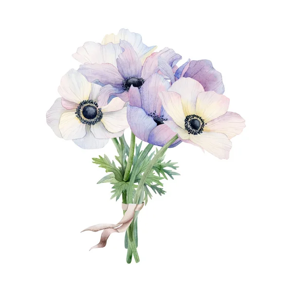 Пастельные Невесты Букет Белых Фиолетовых Анемонов Цветы Лентой Акварелью Иллюстрации — стоковое фото