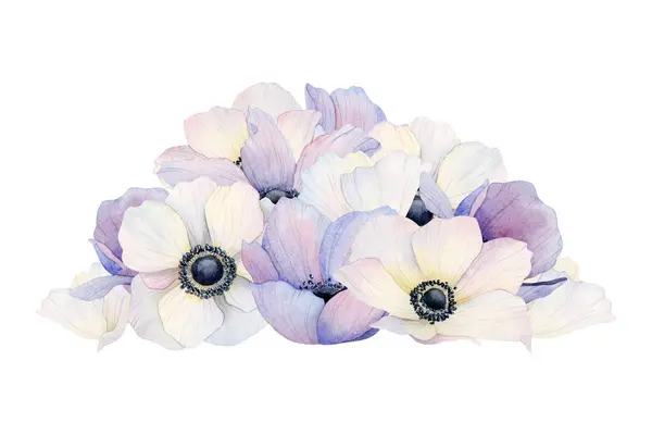 Högen Med Pastell Lila Violett Och Vit Anemon Blommor Och — Stockfoto
