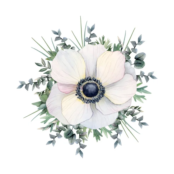White Anemone Flower Eucalyptus Branches Grass Watercolor Floral Illustration Isolated — Stock Photo, Image