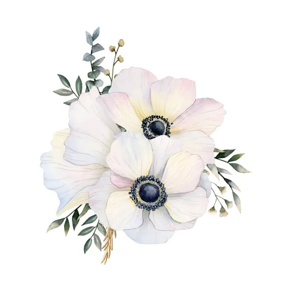 White anemones flowers bouquet with field poppies, eucalyptus and grass watercolor illustration isolated on white background for greeting cards, logos, spring wedding invitations, mothers day designs.