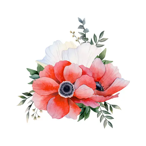 Röd Och Vit Anemon Blommor Bukett Med Eukalyptus Och Gräs — Stockfoto